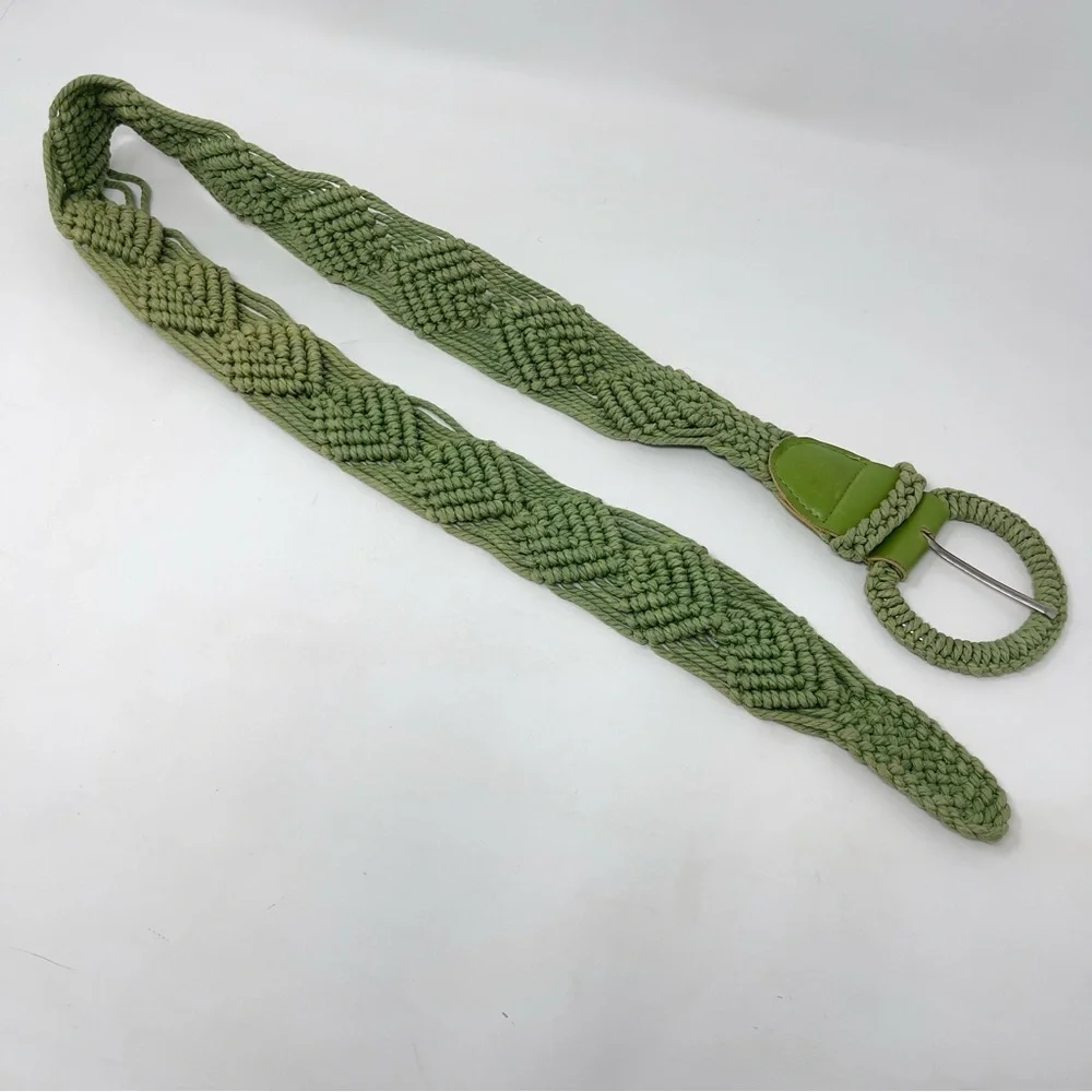 Vintage Green‎ Macrame Belt w/ Leather Trim, Boho Wide Woven Statement Belt